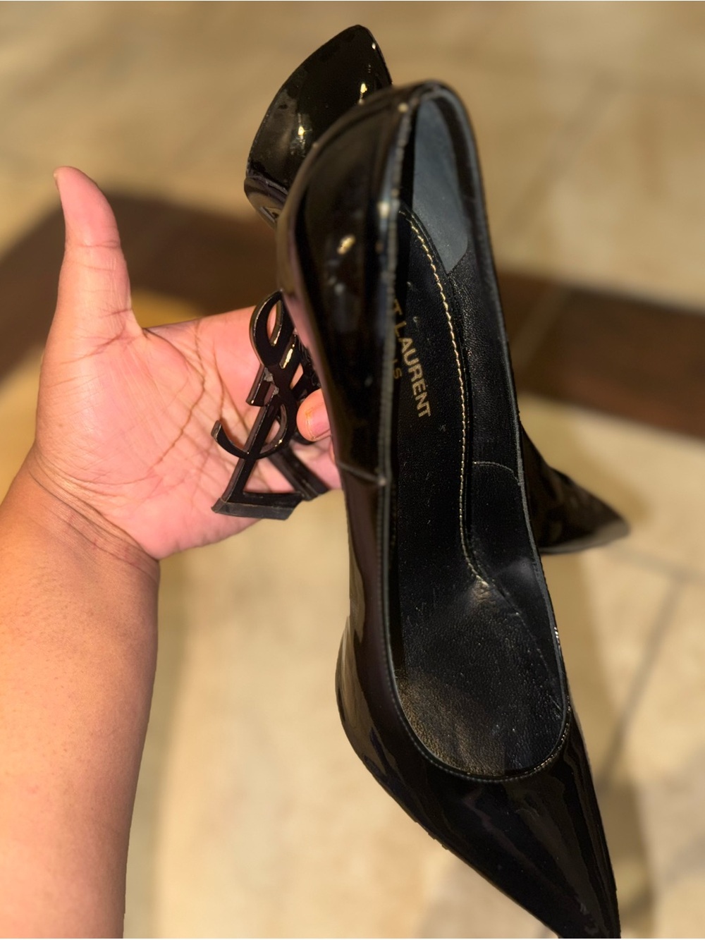 Saint Laurent Black Patent Pointed-Toe Pumps with YSL Sculpted Heels - Picture 6 of 7